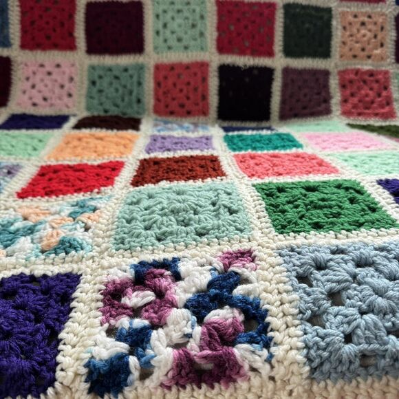 Homemade Knitted Crochet Granny Square Throw Afghan Blanket White 74x56 Roseanne - Picture 3 of 10